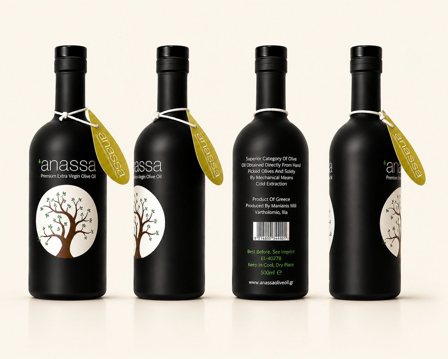 Anassa Premium Greek Extra Virgin Olive Oil — 4 views: front, side, back and label